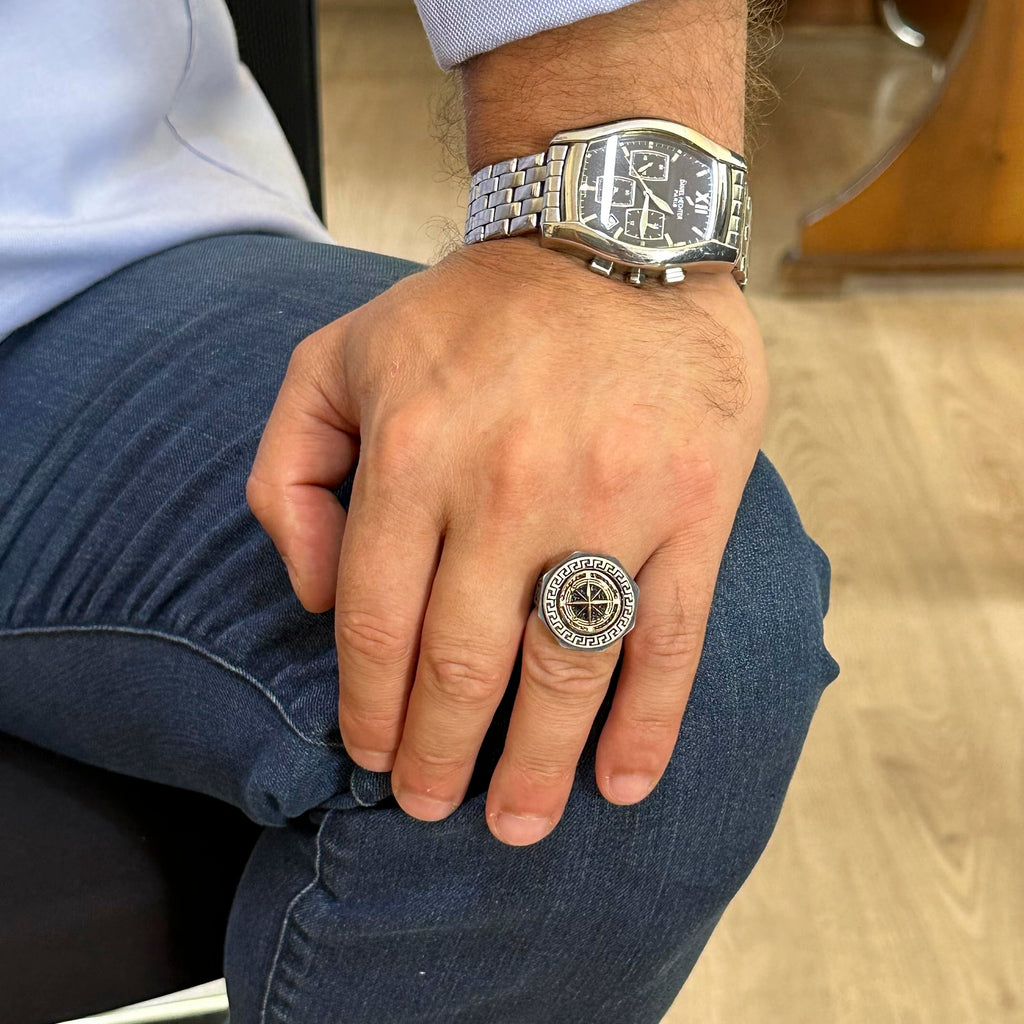 925 Sterling Silver Ring - Greek Key Design Men's Ring - Handmade Ring (Compass) — 3