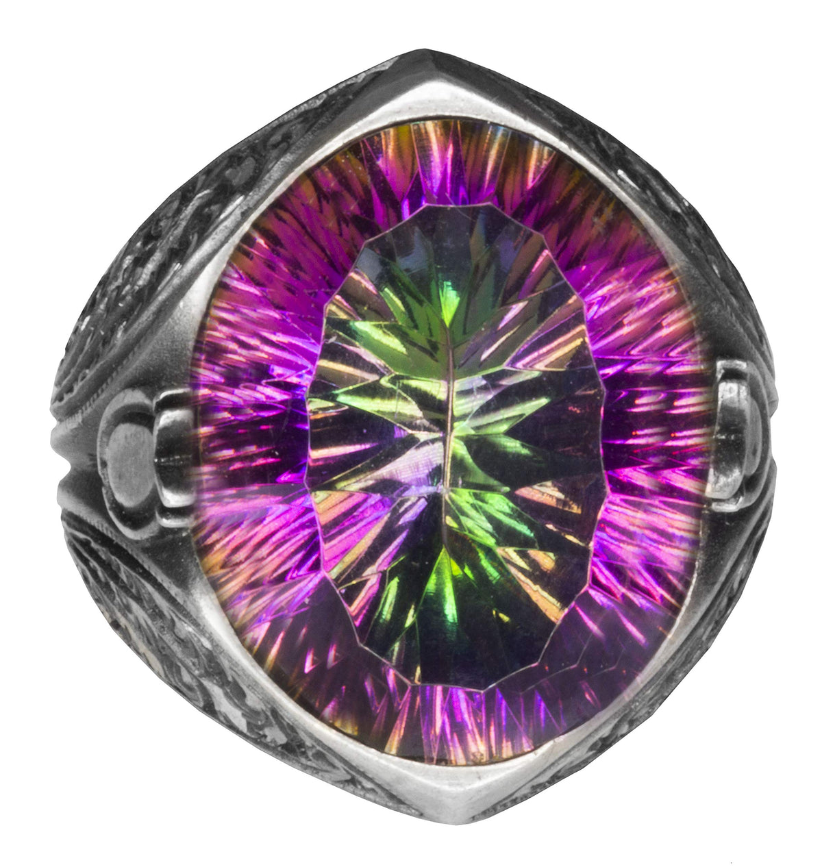 KAMBO Men's 925 Sterling Silver Ring – Synthetic Mystic Topaz Stone, Tulip Motif Design
