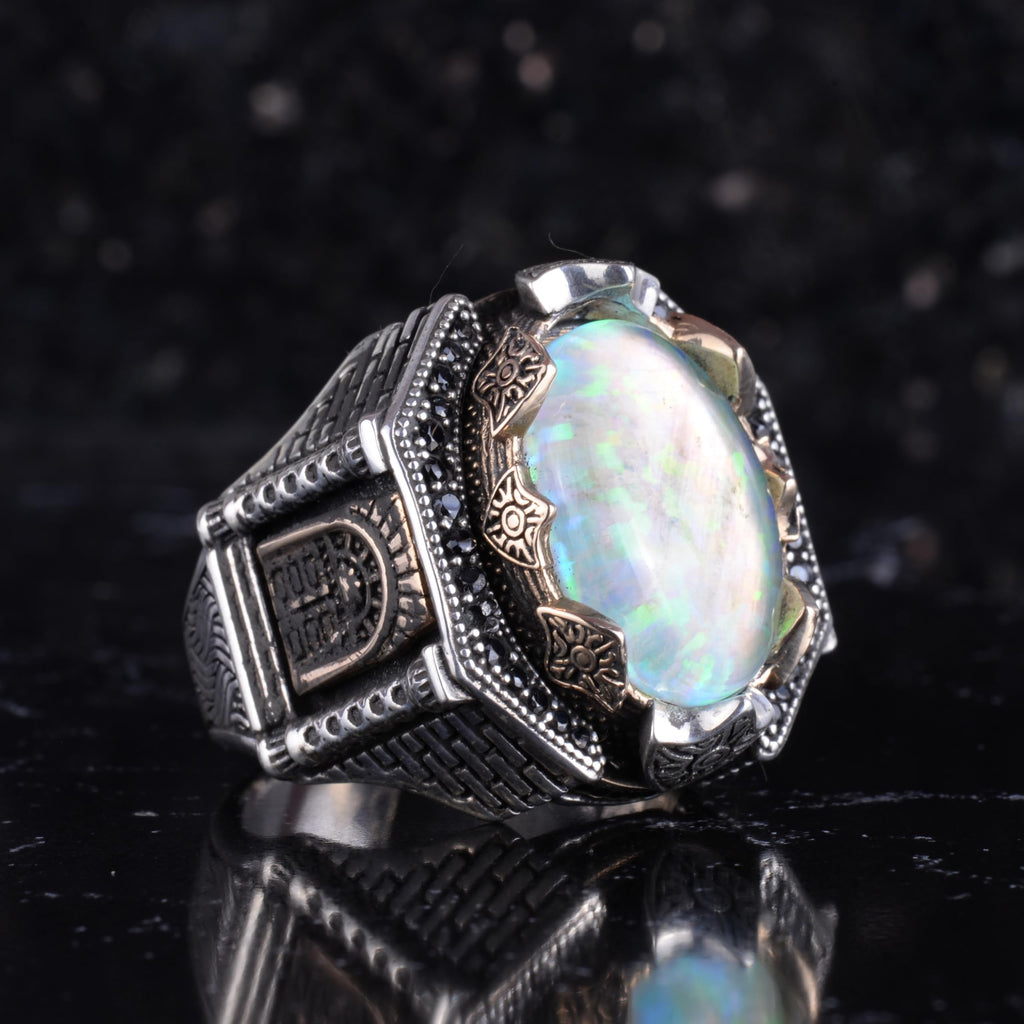 Certified Natural Opal Stone Large Men's Ring 925 Sterling Silver – Black Detail and Bronze Accent Handmade Statement Ring — 4