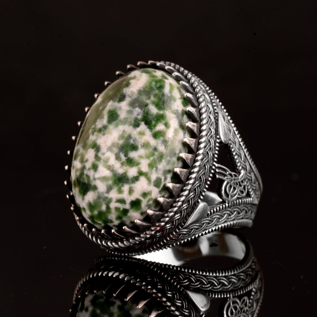 925 Sterling Silver Men's Ring, Natural Jade Ring, Oval Spotted Jade — 5