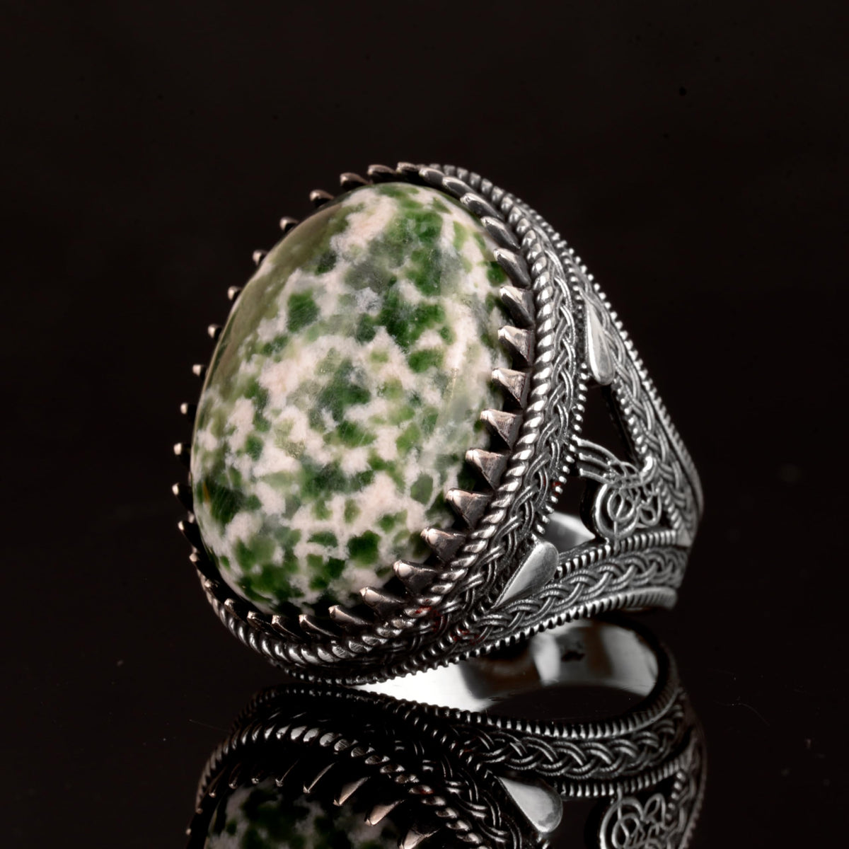 925 Sterling Silver Men's Ring, Natural Jade Ring, Oval Spotted Jade — 5