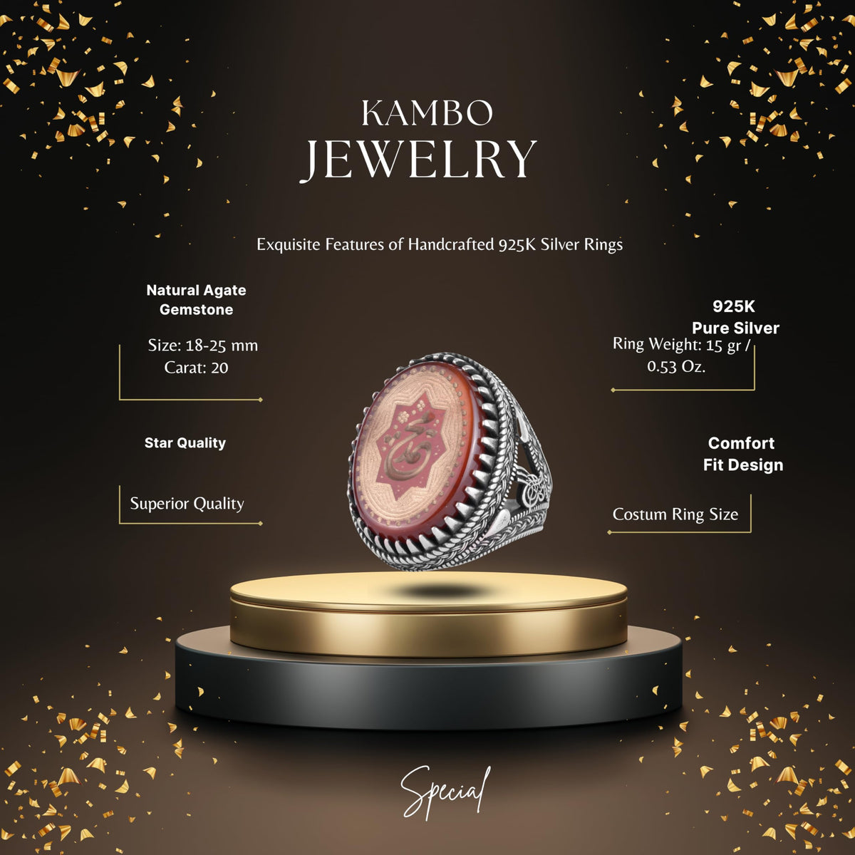 KAMBO Natural Agate Engraved Ottoman Tugra Style Seal Ring 925 Sterling Silver Large Men's Ring Oval Red Stone Handmade Vintage Design (Arabic ع (Ayin)) — 2
