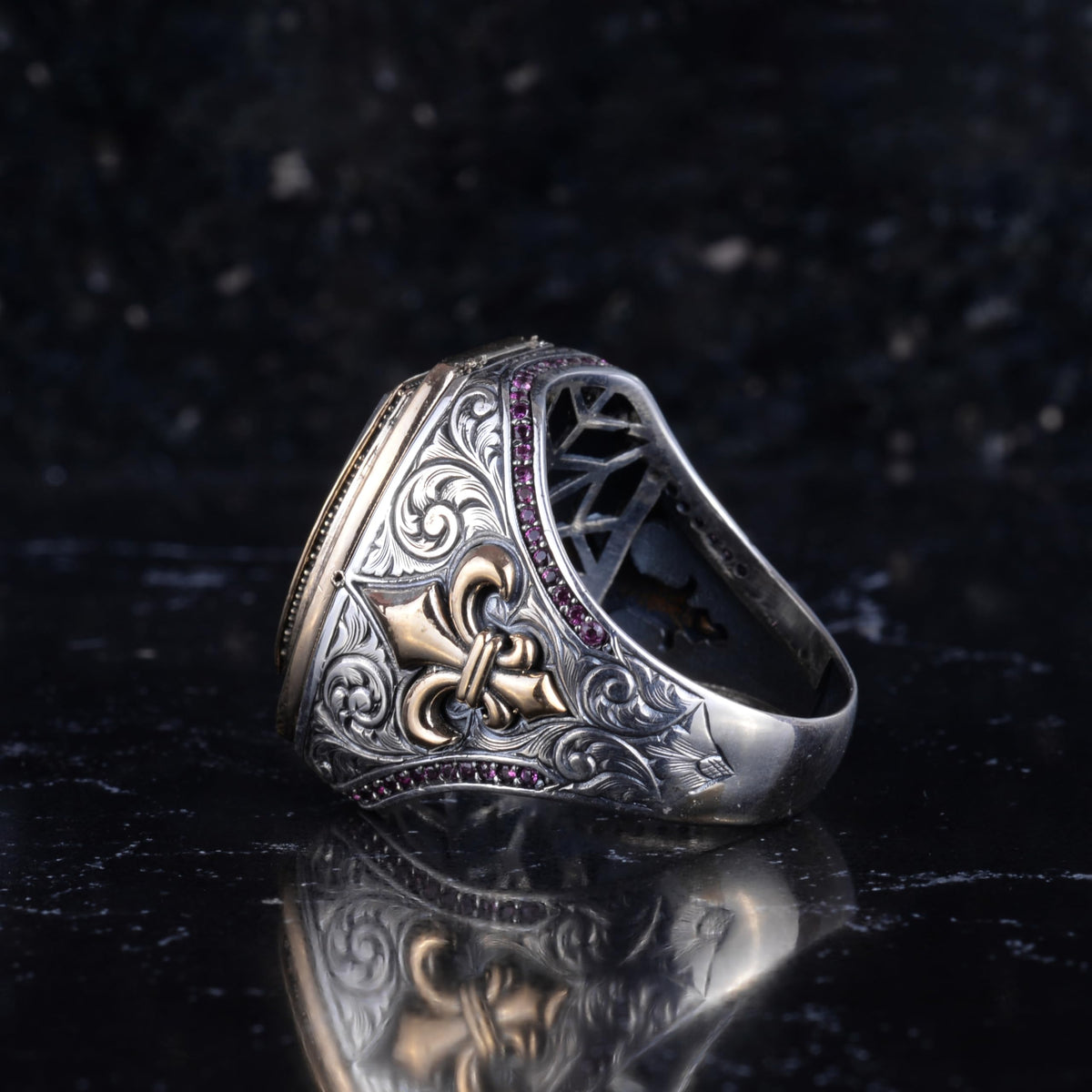 KAMBO Star of David Embroidered Men's Ring – 925 Sterling Silver Purple Stone and Horse Hoof Detailed Hexagonal Statement Ring – Vintage Handmade Design — 7