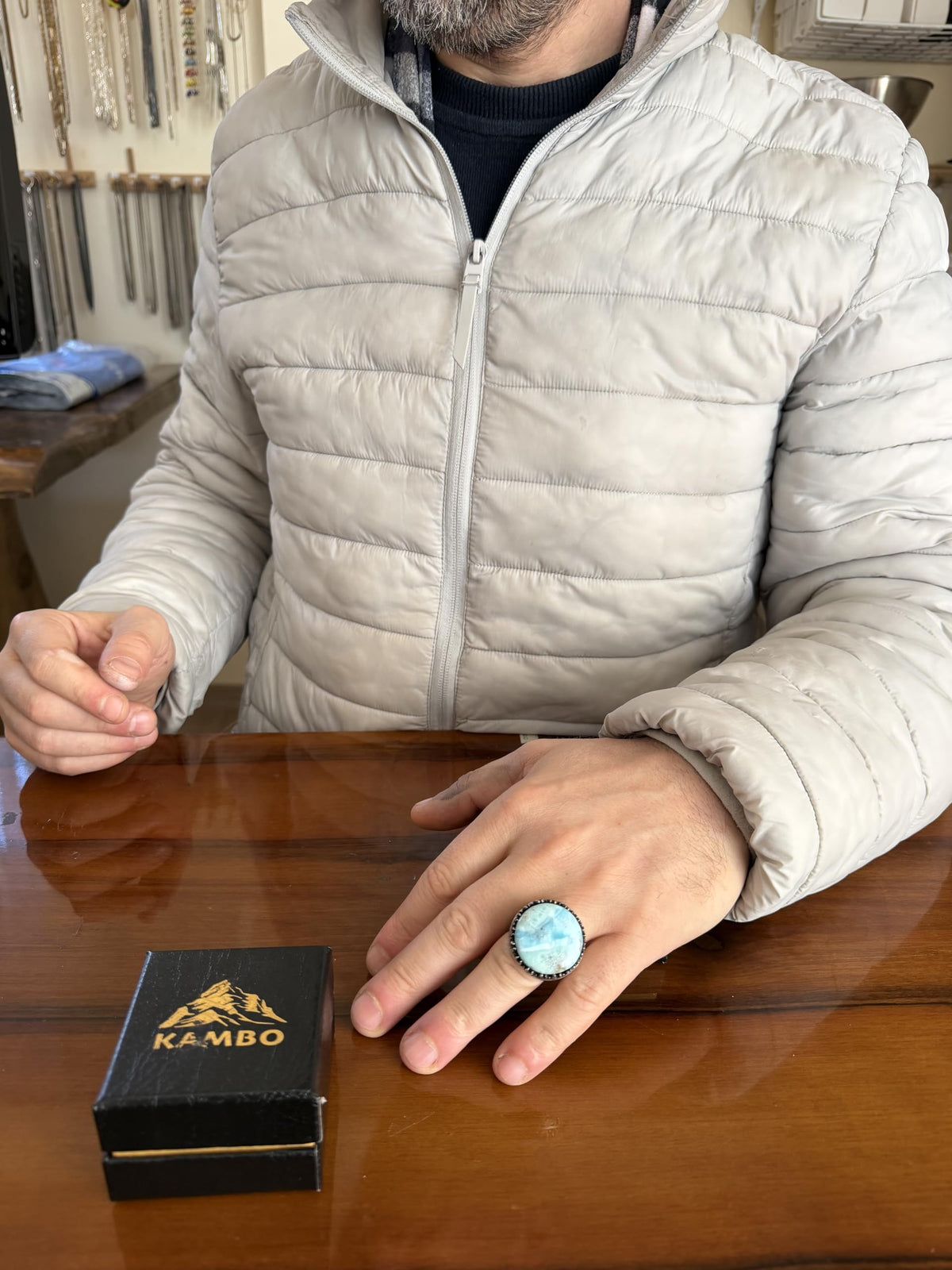 KAMBO Natural Stone Round Large Men's Ring – 925 Sterling Silver Handmade Ring – Statement Ring – Vintage Ottoman Style Men's Jewelry (Larimar) — 3