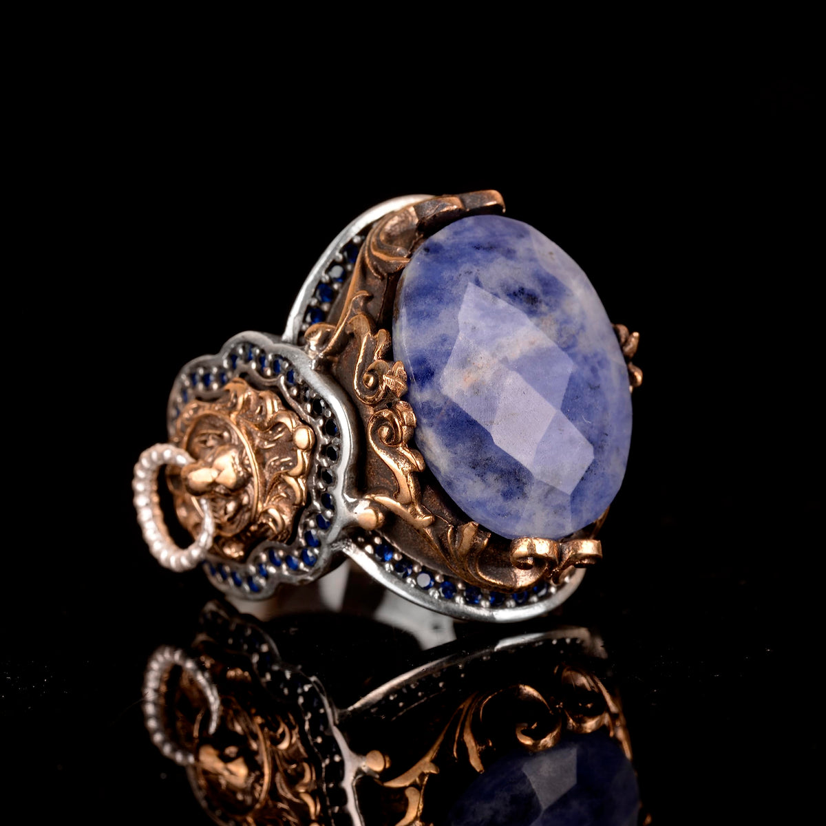 KAMBO Handmade 925 Sterling Silver Men's Ring with Genuine Sodalite Gemstone, Lion Design, Gold Plated Vintage Statement