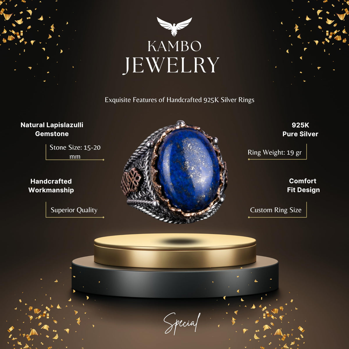 Natural Lapis Lazuli Stone Ring, 925 Sterling Silver Men's Ring, Wisdom and Truth Design — 6