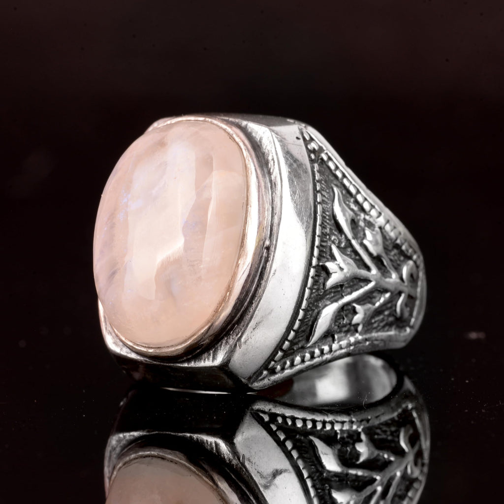 Falcon Jewelry Men's sterling silver ring, natural rainbow moonstone gemstone (Adjustable), White