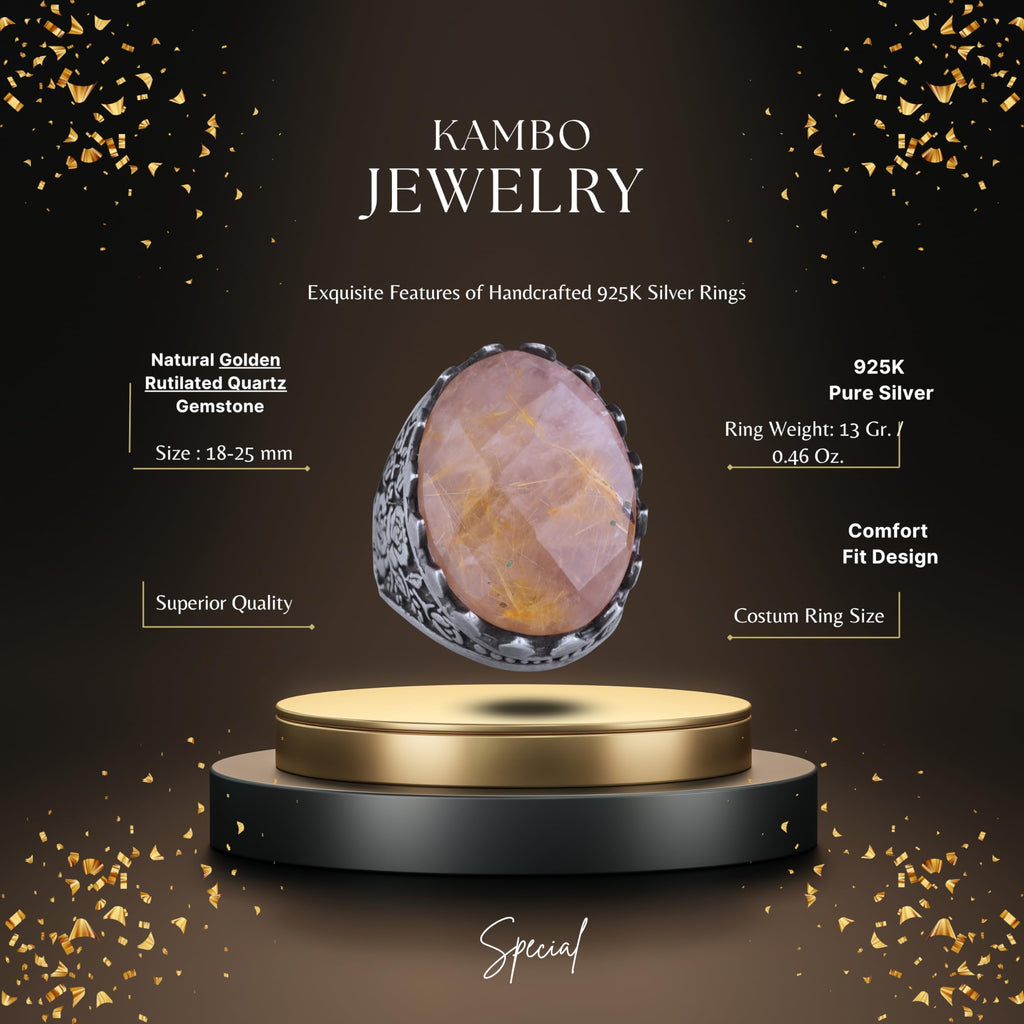 Natural Stone Ring - Rose Pattern - 925 Sterling Silver - Handmade Large Ring (Gold Rutile Quartz) — 2