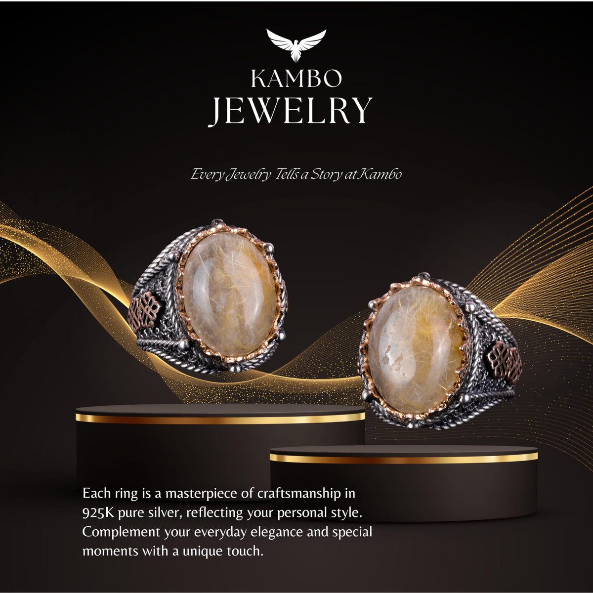 Natural Cabochon Golden Rutilated Quartz Stone Ring — 6