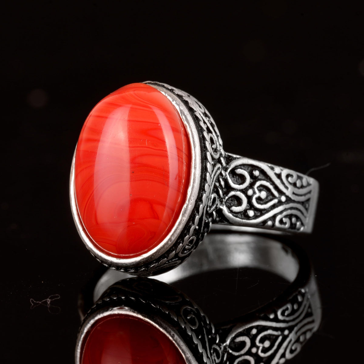 925 Sterling Silver Men's Ring, Natural Stone Ring, Red Coral Stone, Silver Jewelry, Coral Stone Ring — 5