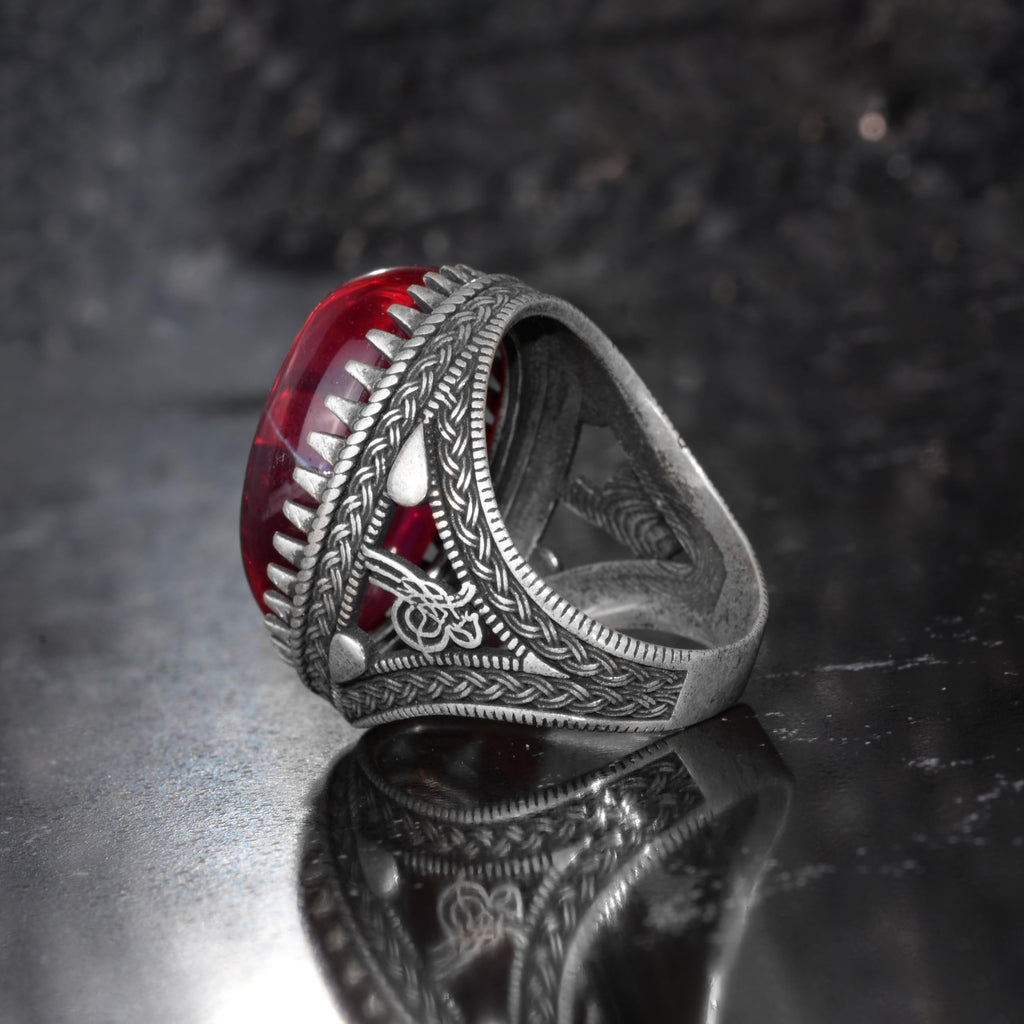 KAMBO Natural Star Ruby Stone Ring for Men 925 Sterling Silver Ottoman Tugra Handmade Statement Ring Asterism Ruby — 7