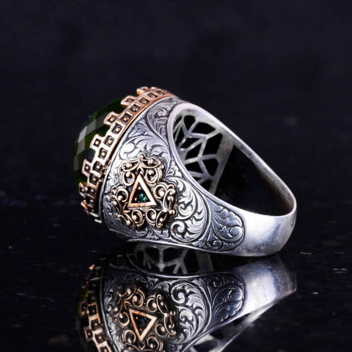 925 Sterling Silver Ring - King Ring - Artificial Stone Ring - Handmade Men's Ring (Artificial Peridot) — 7