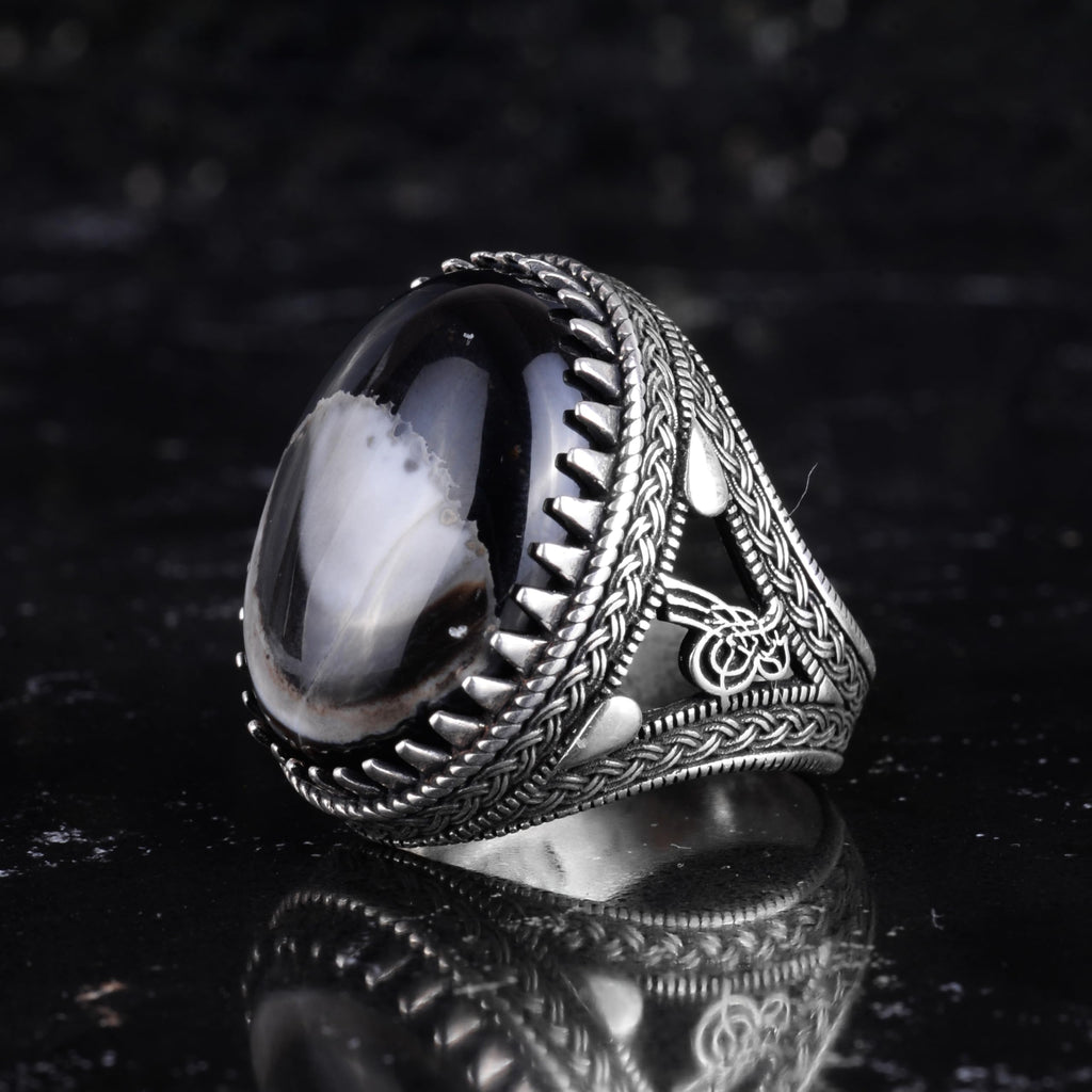 KAMBO Natural Yemen Agate Stone Men's Ring – 925 Sterling Silver Large Statement Ring – Handmade Ottoman Tugra Design Jewelry (Style-2) — 4