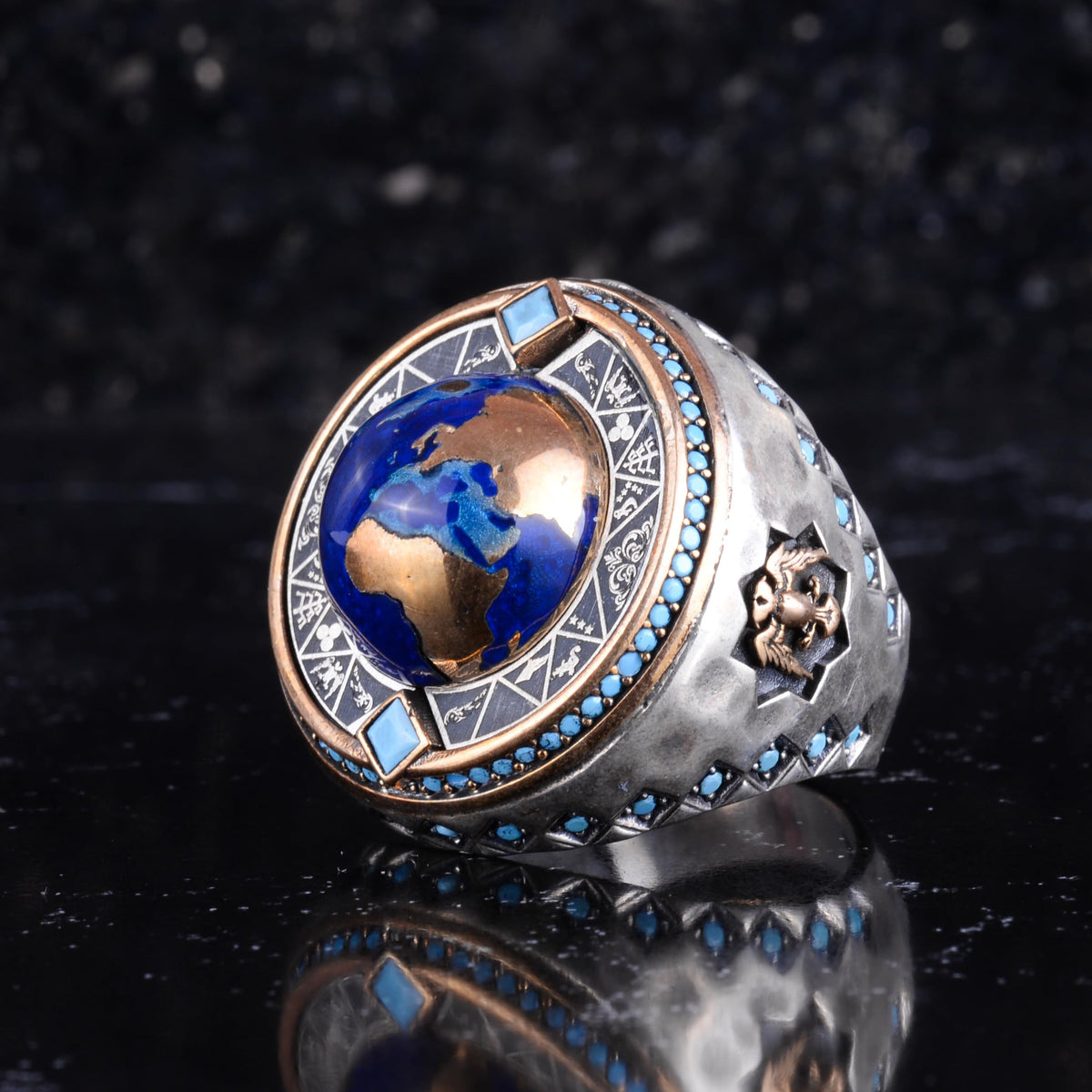 KAMBO World Map Men's Ring – Eagle Symbol, Blue Enamel Globe Design with Bronze Details 925 Sterling Silver Oval Seal Ring – Handmade Statement Jewelry — 5