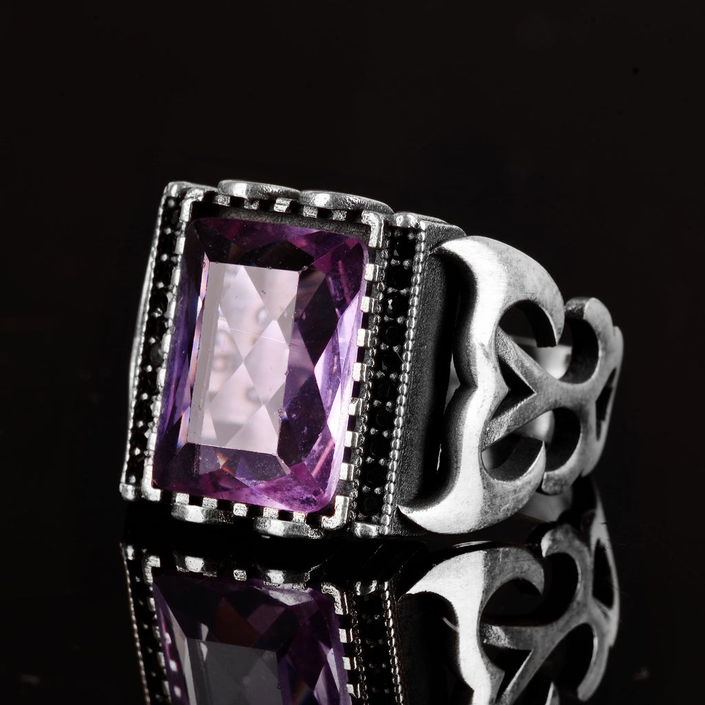 KAMBO Sultan Men's Ring, 925 Sterling Silver Ring, Handmade Unique Ring, Created Amethyst Stone Ring, Gift for Himself — 5