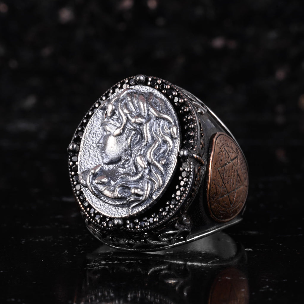 KAMBO Large Men's 925 Sterling Silver Ring – Bronze Star of David Detail – Symbolic Statement Ring (Medusa) — 5