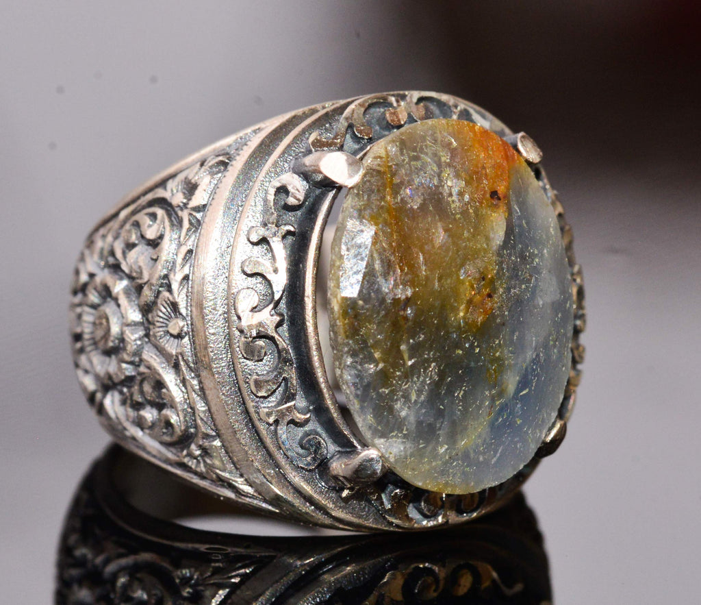 KAMBO Natural Sapphire Men's Sterling Silver Ring Handmade Vintage Christmas Statement Jewelry 925 Sterling Silver Gift 