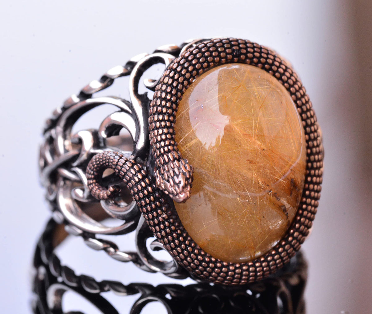 925 Sterling Silver Men's Ring - Gold Rutile Quartz Stone — 3