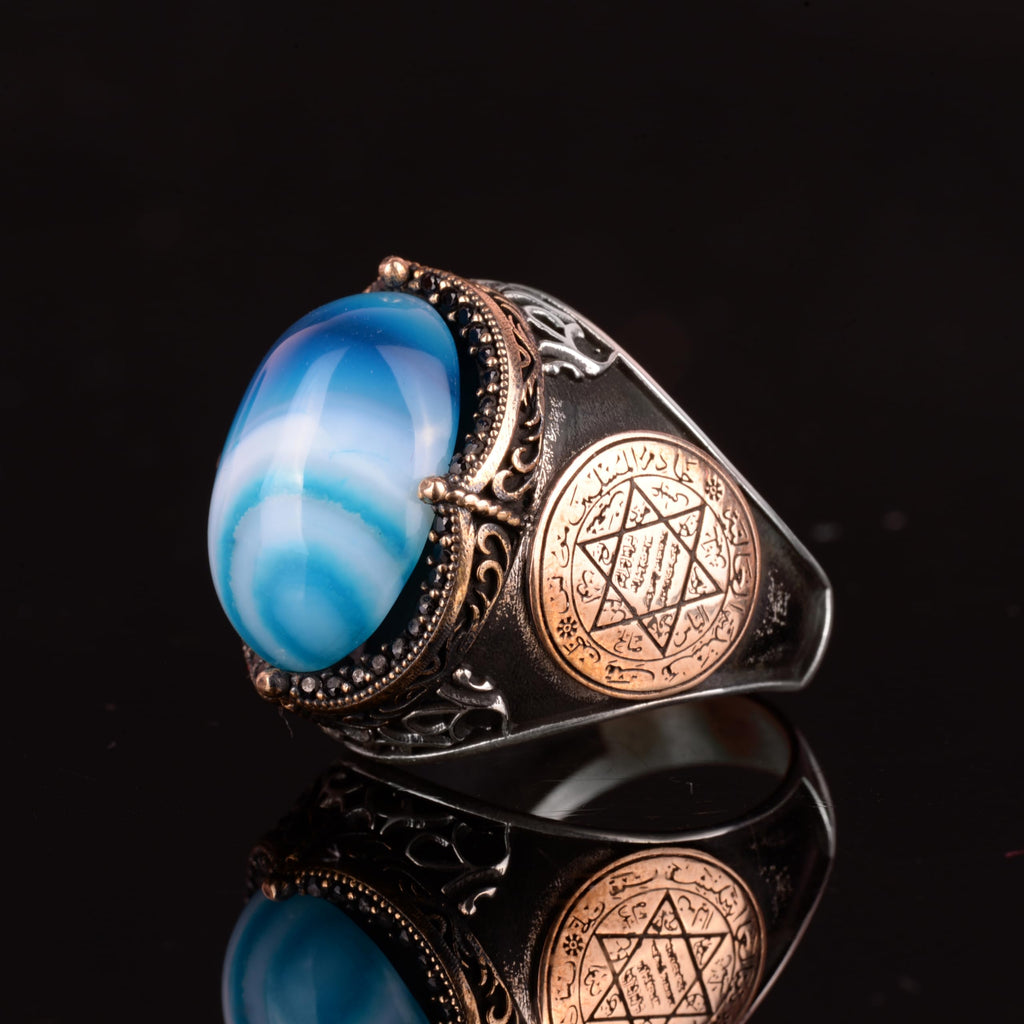 Natural Blue Agate Stone Ring - 925 Sterling Silver Men's Ring — 7