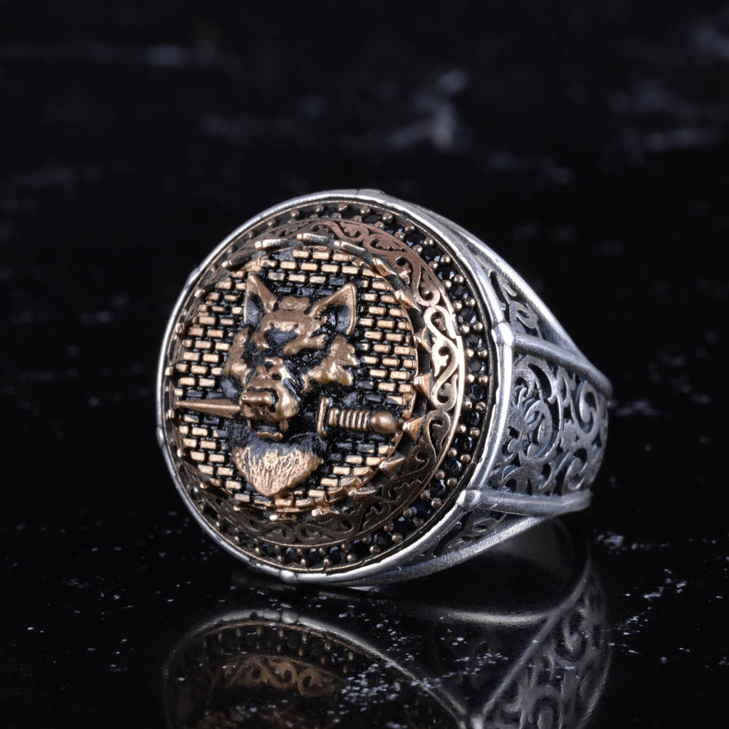 KAMBO Symbol Ring for Men 925 Sterling Silver Round Ring with Bronze Detail Handmade Ottoman Style Statement Jewelry (Wolf Skull) — 5