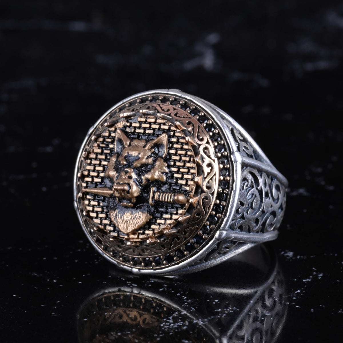 KAMBO Symbol Ring for Men 925 Sterling Silver Round Ring with Bronze Detail Handmade Ottoman Style Statement Jewelry (Wolf Skull) — 5