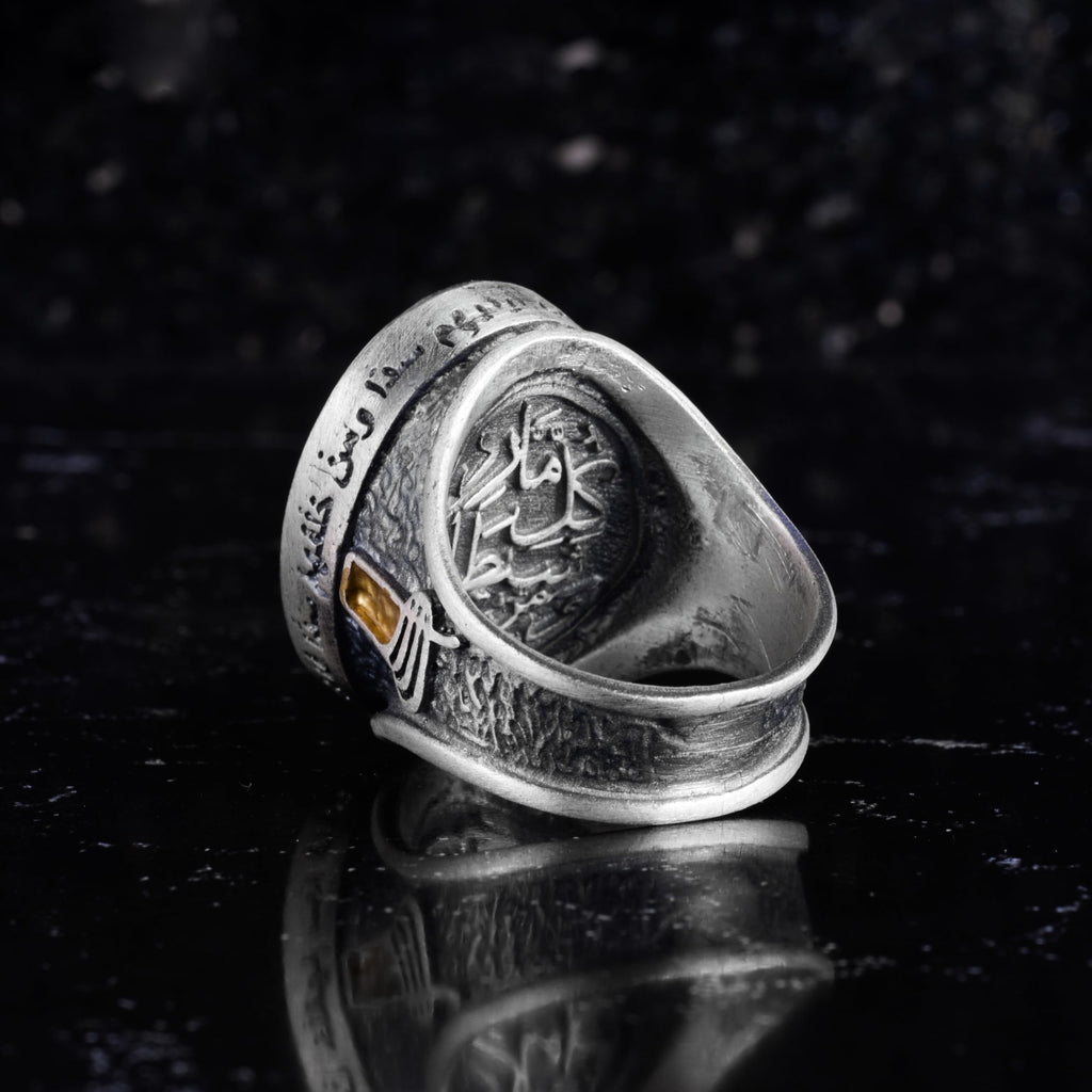 KAMBO Hematite Stone Star of David Men's Ring – 925 Sterling Silver Hamsa Hand Symbol and Arabic Calligraphy Oval Seal Ring – Handmade Spiritual Jewelry — 8