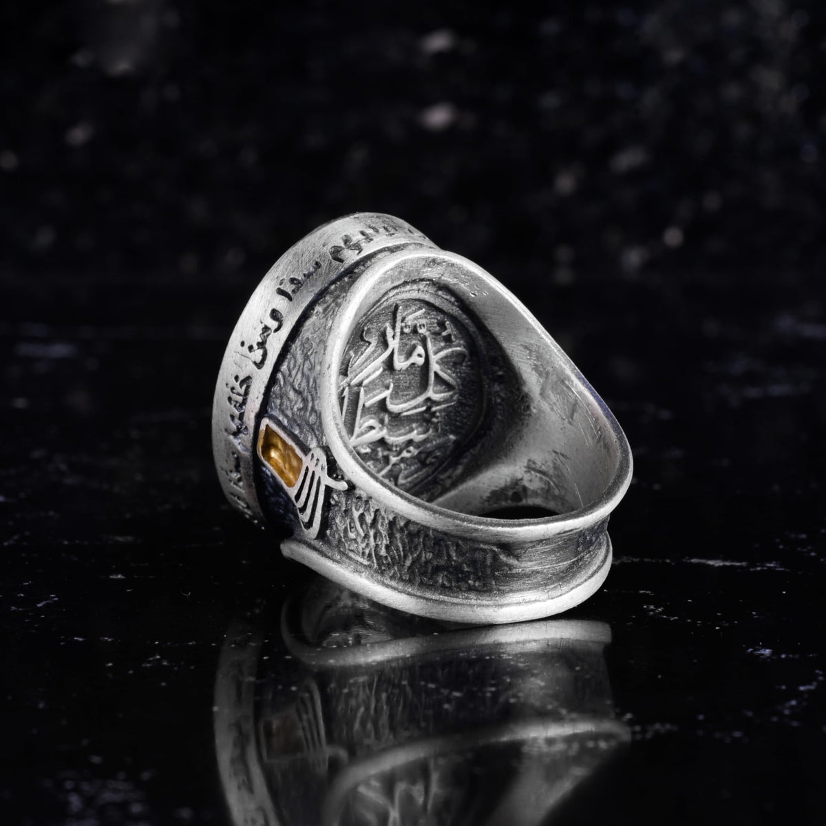 KAMBO Hematite Stone Star of David Men's Ring – 925 Sterling Silver Hamsa Hand Symbol and Arabic Calligraphy Oval Seal Ring – Handmade Spiritual Jewelry — 8