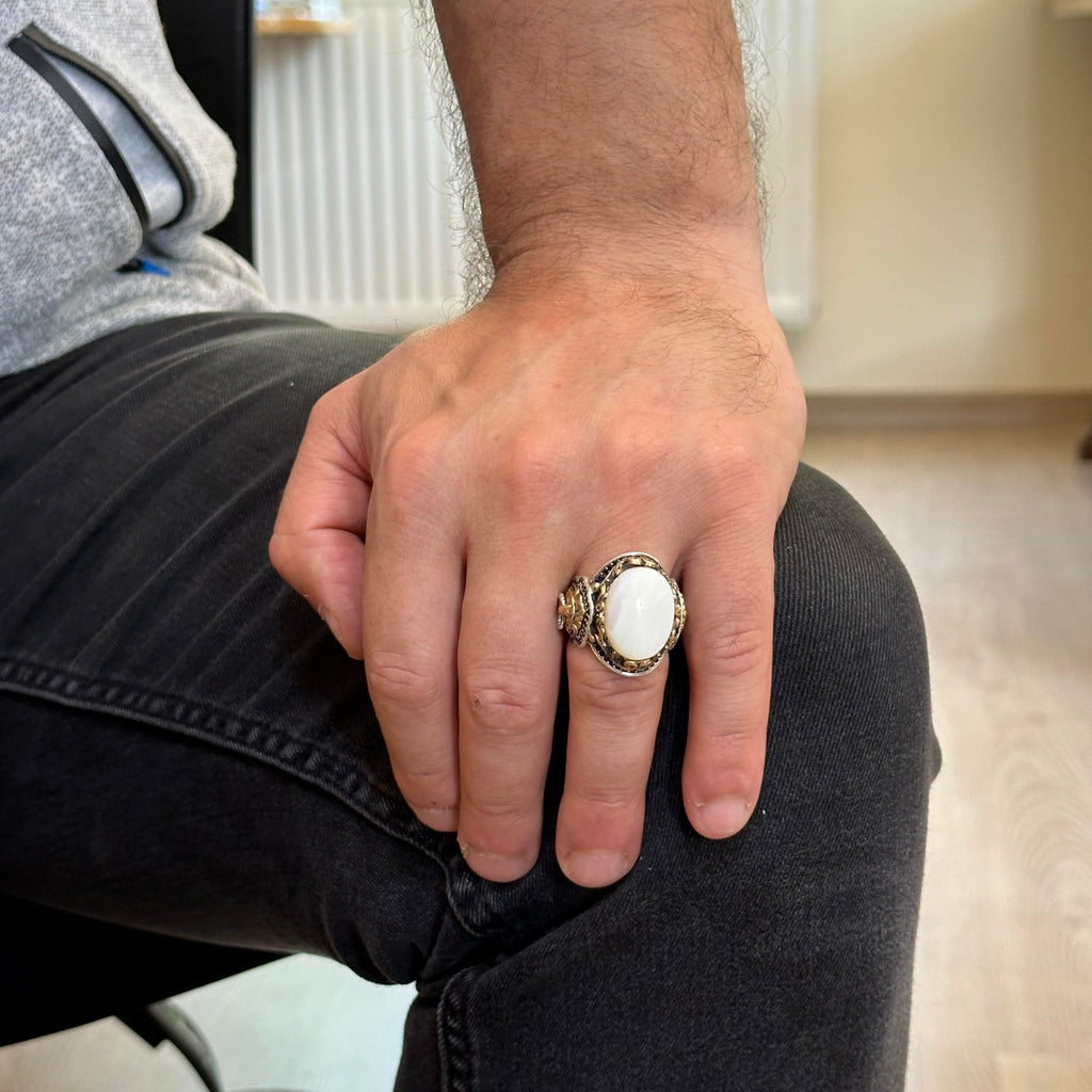 Lion Head Men's Ring, Natural Pearl Stone Ring - 925 Sterling Silver Ring — 3