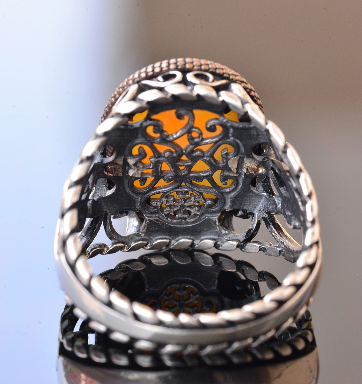 925 Sterling Silver Men's Ring - Handcrafted Elegance with Yellow Wood Stone — 5