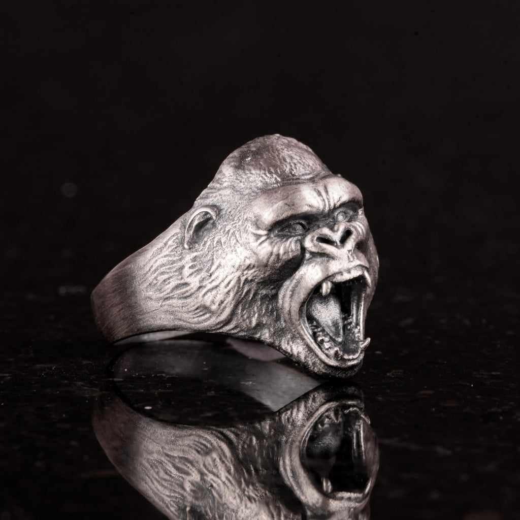925 Sterling Silver Ring - Angry Gorilla Head Ring - Handmade Animal Figurine Men's Seal Ring — 4