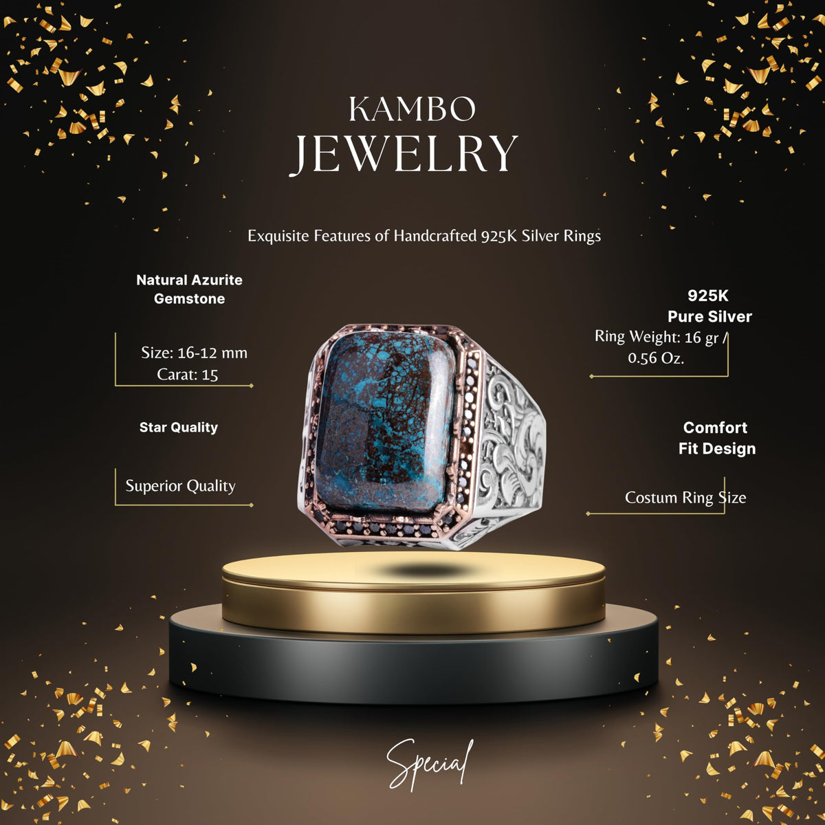 KAMBO Natural Stone Ring for Men 925 Sterling Silver - Rectangular Statement Ring Handmade Jewelry (Azurite) — 2