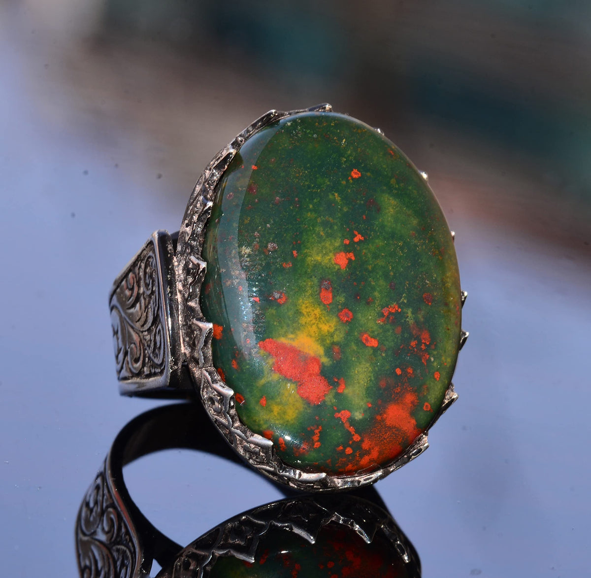 Large Handmade 925 Sterling Silver Men's Ring with Real Bloodstone — 3