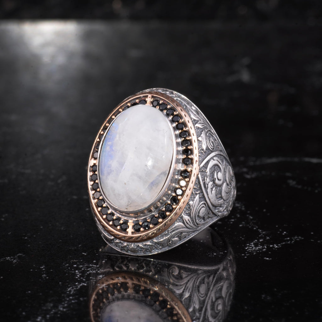 Men's Natural Stone Large Ring – Oval Stone Vintage Byzantine Engraved Statement Ring - Antique Filigree 925 Sterling Silver Jewelry (Moonstone) — 4