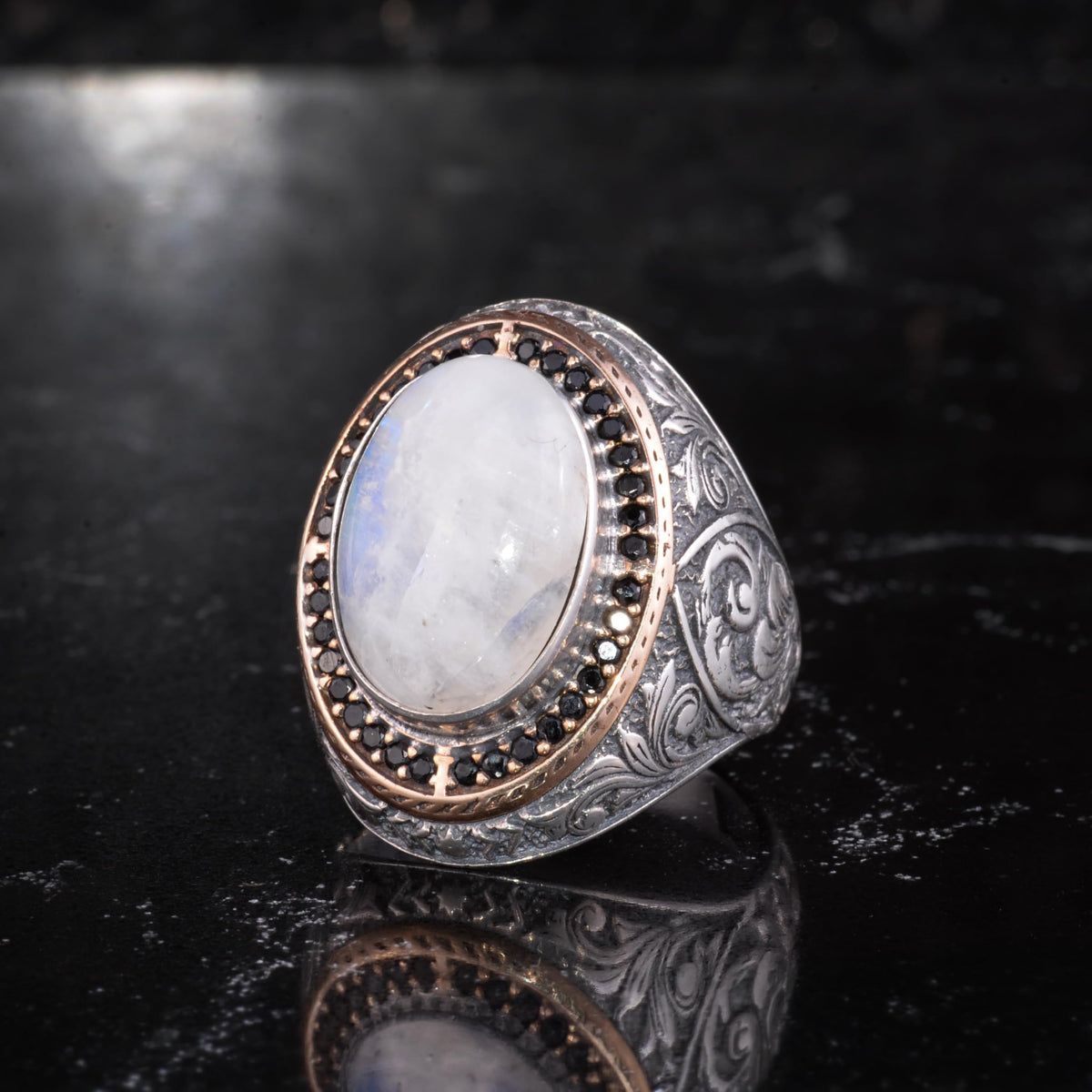 Men's Natural Stone Large Ring – Oval Stone Vintage Byzantine Engraved Statement Ring - Antique Filigree 925 Sterling Silver Jewelry (Moonstone) — 4
