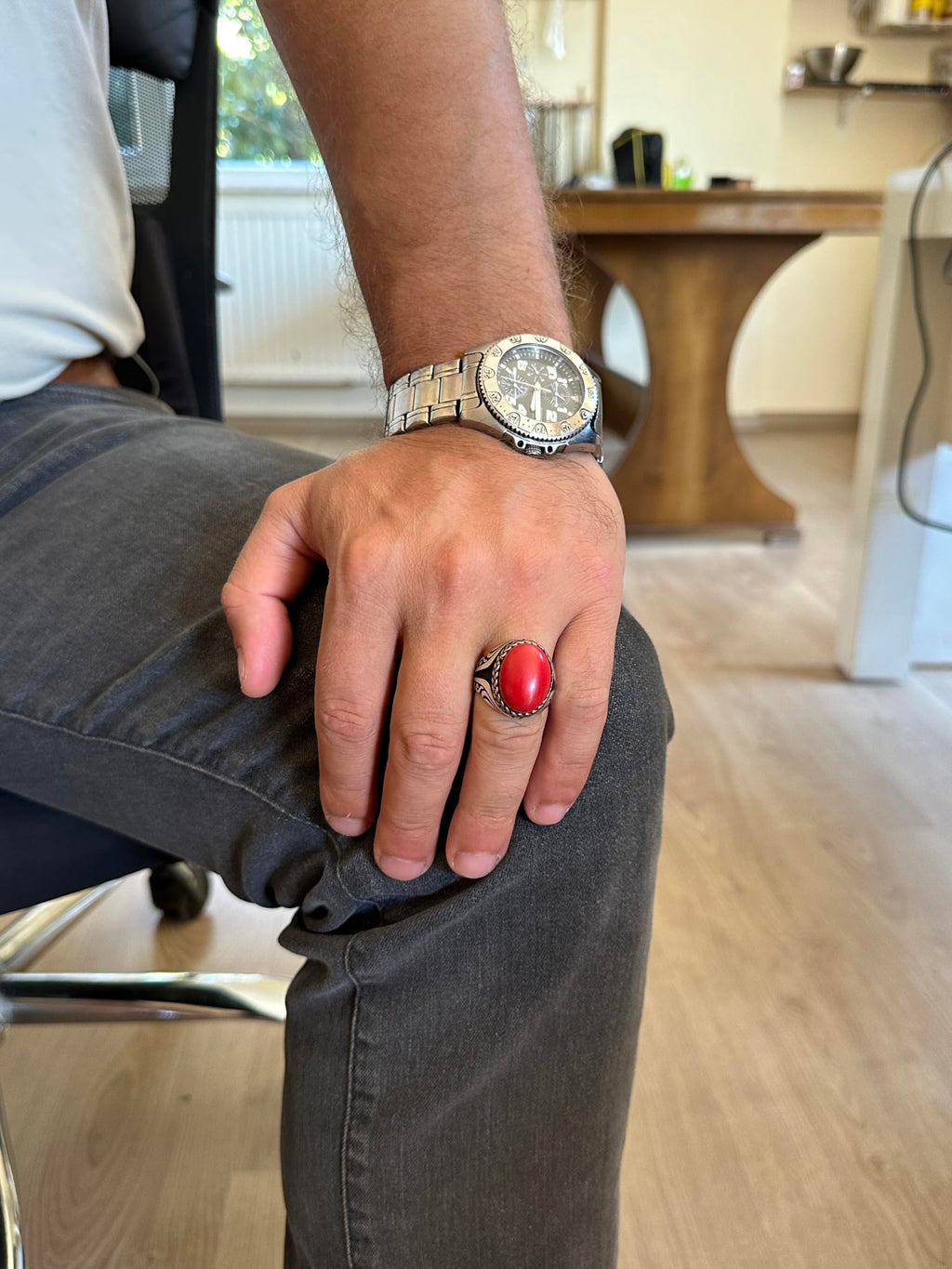 925 Sterling Silver Ring - Artificial Stone Silver Ring - Handmade Ring (Artificial Red Coral) — 3