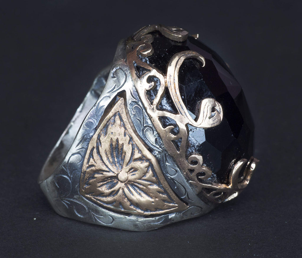 KAMBO 925 Sterling Silver Men's Ring - Synthetic Smoky Quartz Stone - Middle Eastern Design with Vav Motif — 3