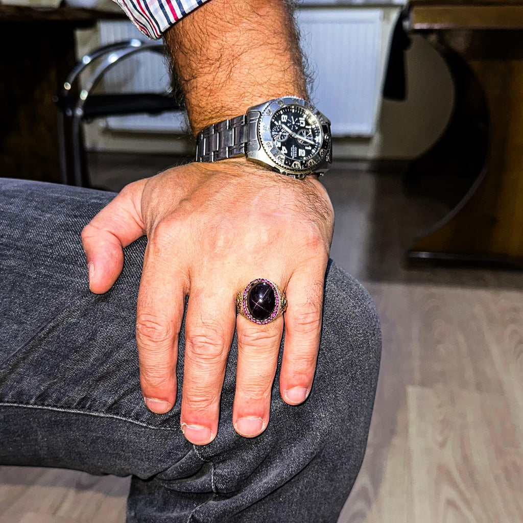 925 Sterling Silver Men's Ring with Natural Star Garnet Stone - Handmade Expressive Jewelry, Gift for Him — 3