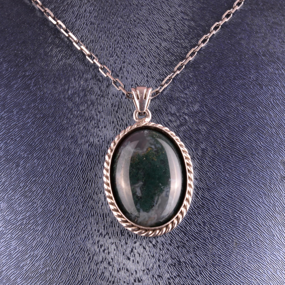 KAMBO Natural Stone Chain Unisex Necklace 925 Sterling Silver – Handmade Oval Description Necklace (Moss Agate) — 4