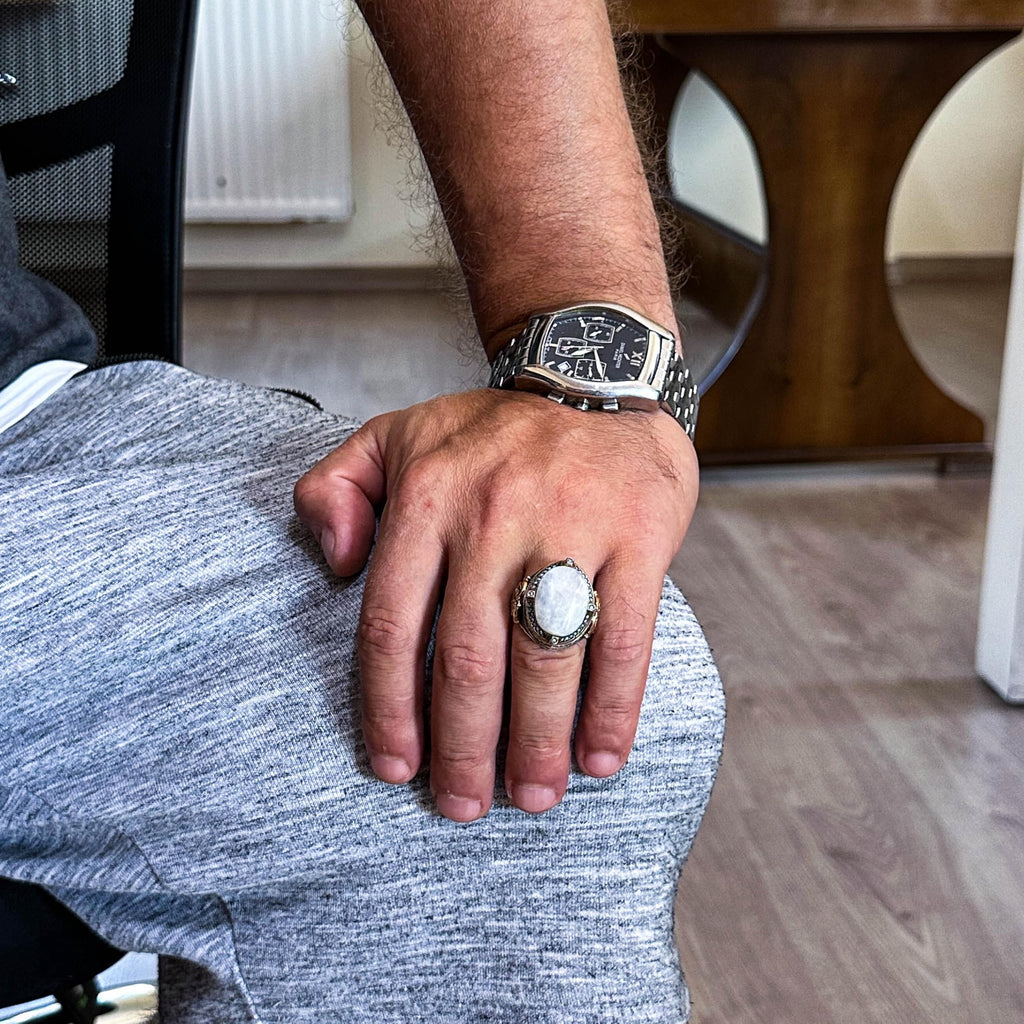 925 Sterling Silver Ring with Natural Moonstone, Handmade Men's Ring, Vintage Design — 3