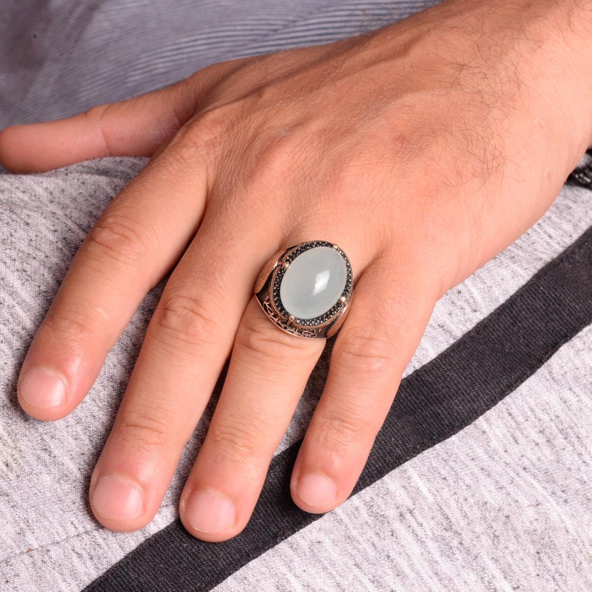 Star of David Ring | Cabochon Aquamarine Stone | 925 Sterling Silver Men's Ring — 7