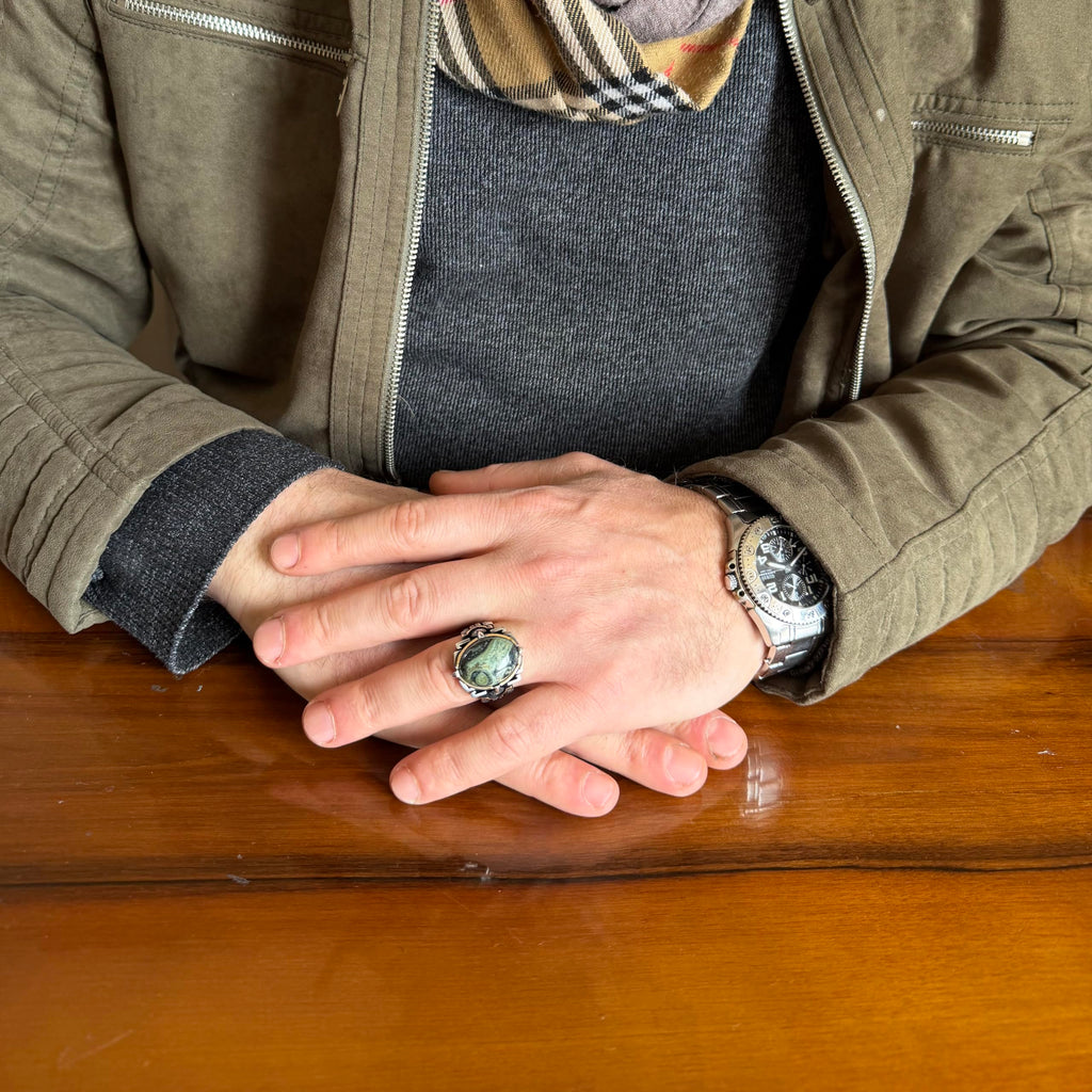 KAMBO Natural Stone Ring 925 Sterling Silver – Handmade Men's Statement Ring Healing Jewelry (Green Eye) — 3