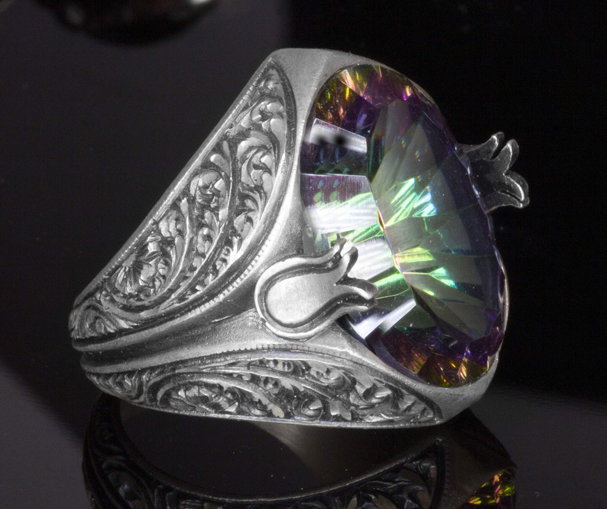 KAMBO Men's 925 Sterling Silver Ring – Synthetic Mystic Topaz Stone, Tulip Motif Design — 4