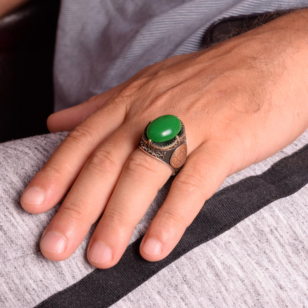 Silver Solomon's Seal Ring, Green Stone Ring — 2