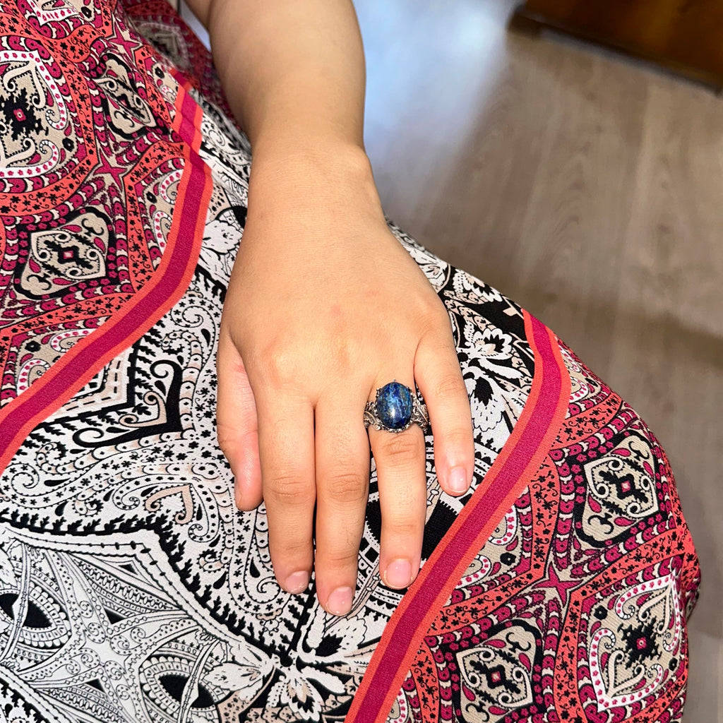 Bohemian Vintage Design Silver Women's Ring - Natural Lapis Lazuli Stone — 3