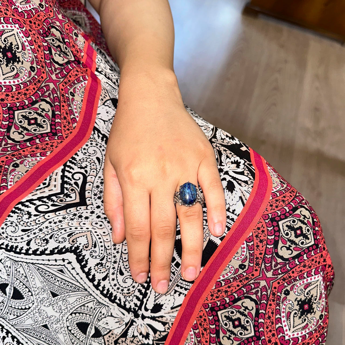 Bohemian Vintage Design Silver Women's Ring - Natural Lapis Lazuli Stone — 3