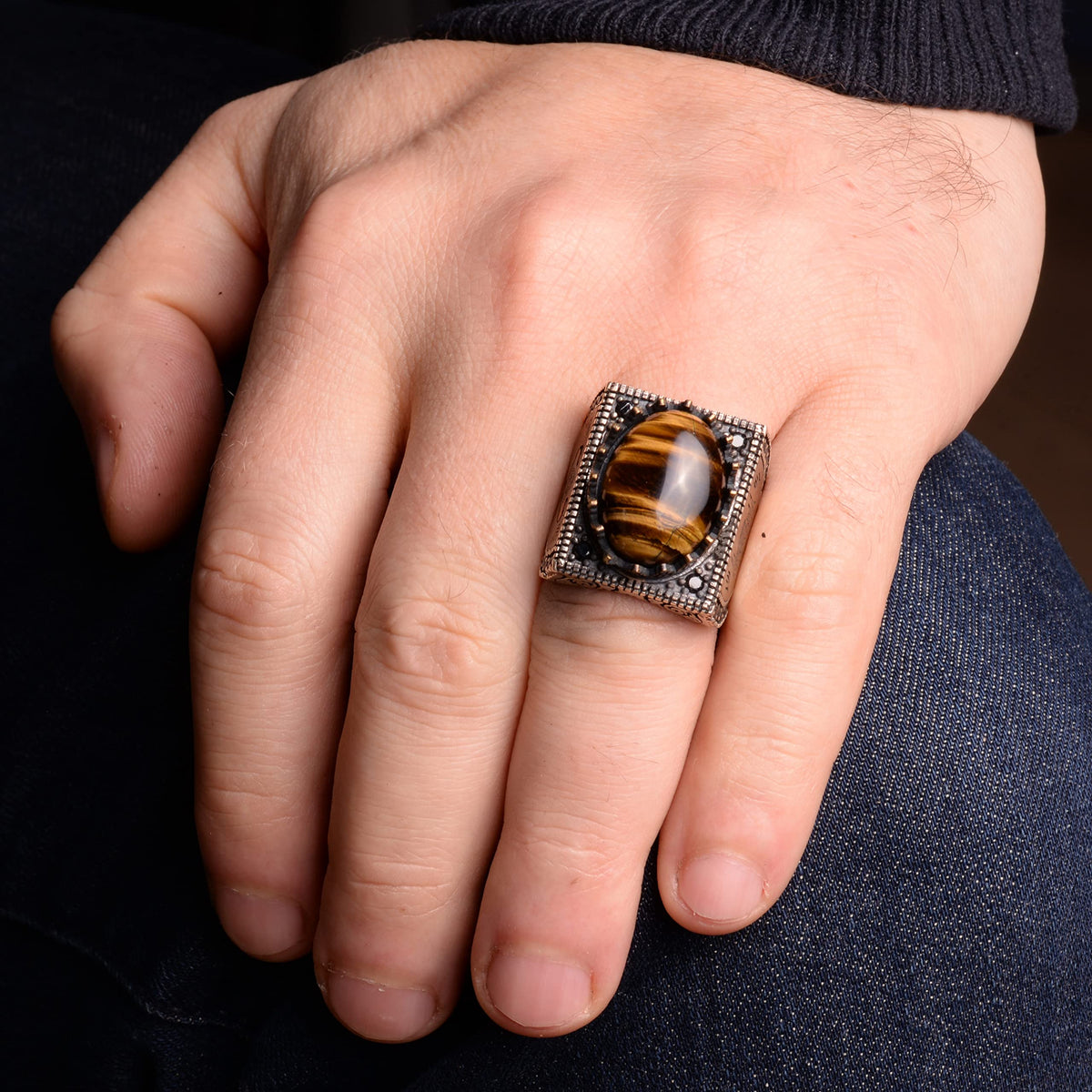 Natural Tiger's Eye Stone Ring, 925 Sterling Silver — 6