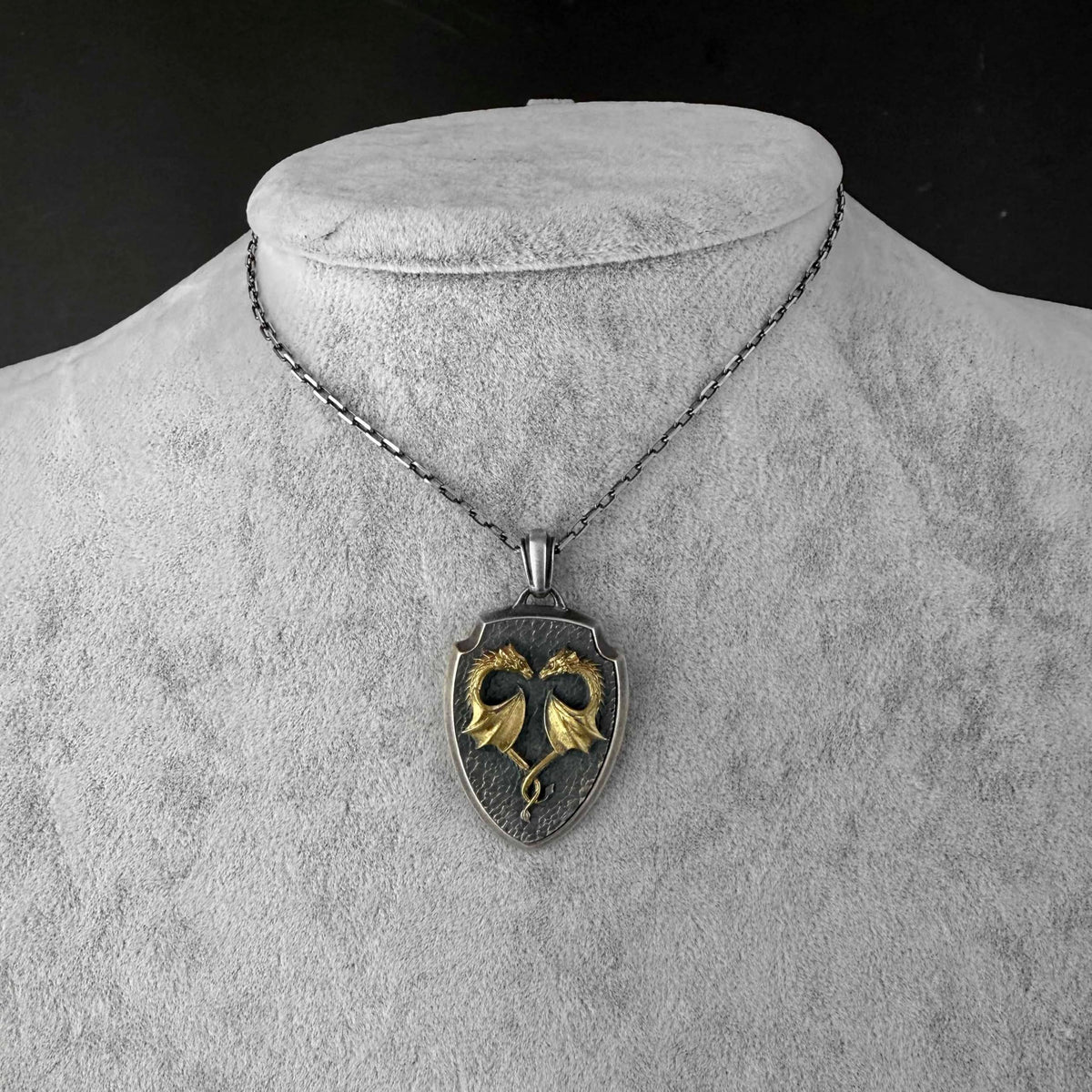 KAMBO 925 Sterling Silver Double Dragon Necklace for Men – Chain Handmade Legendary Shield Design Necklace (Silver Gold Plated) — 3