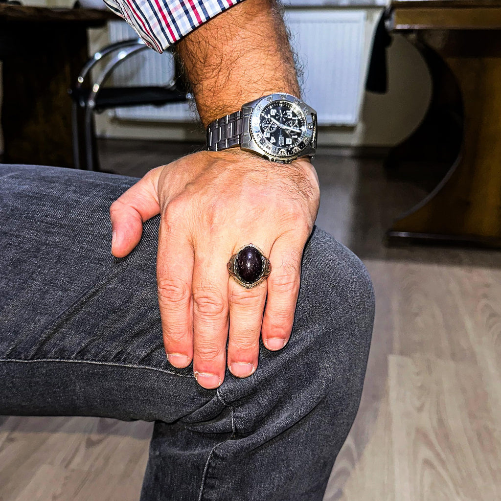 925 Sterling Silver Men's Ring with Natural Star Garnet Stone (Model-2) — 3