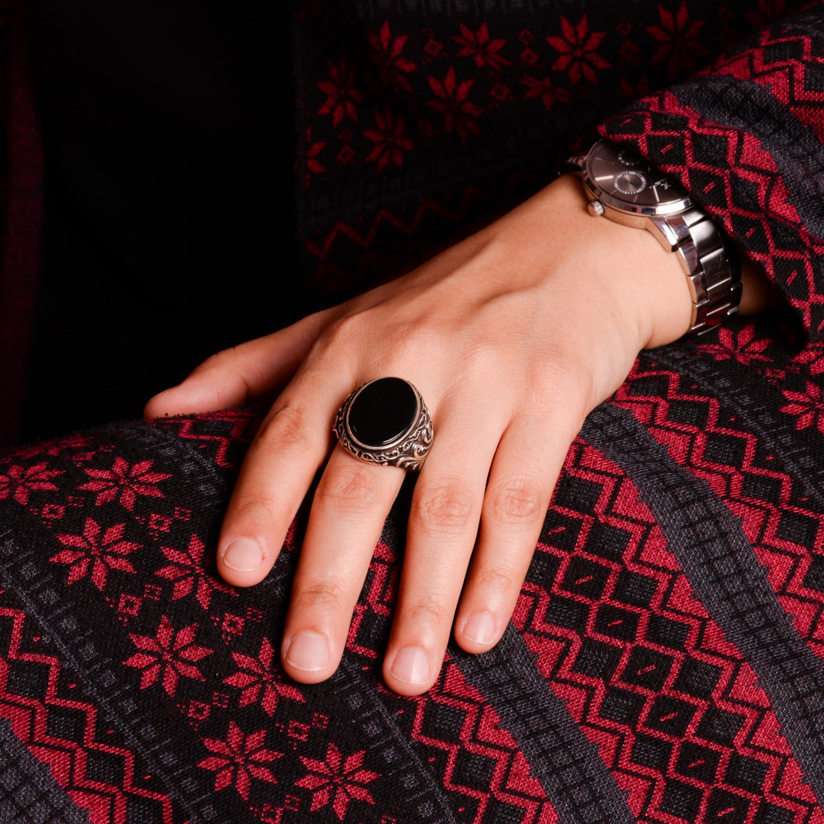 925 Sterling Silver Men's Ring with Natural Black Onyx Stone — 3