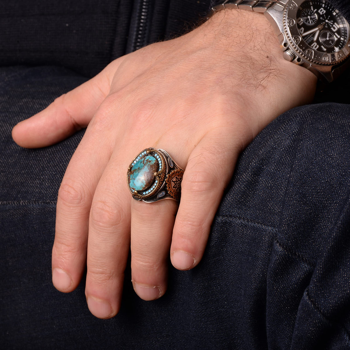 925 Sterling Silver Natural Arizona Turquoise Stone Ring, Oval Silver Ring — 7